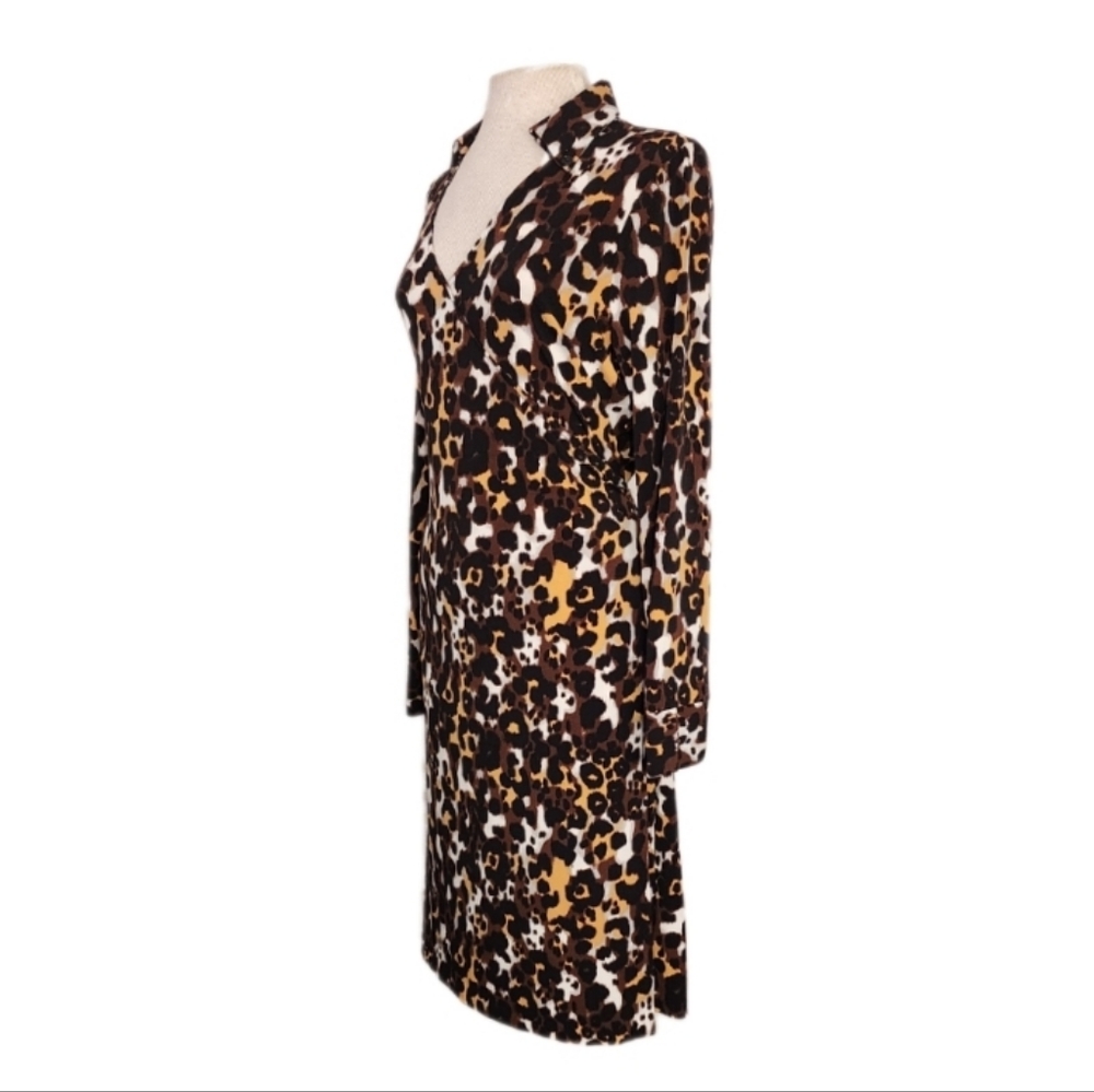 Dennis Basso Dress Leapard Print Faux Wrap Stretchy Long Sleeve V-Neck G… - Picture 7 of 12